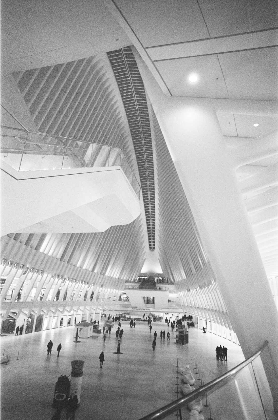 The ribbed white interior of the Oculus, figures small on the floor below.