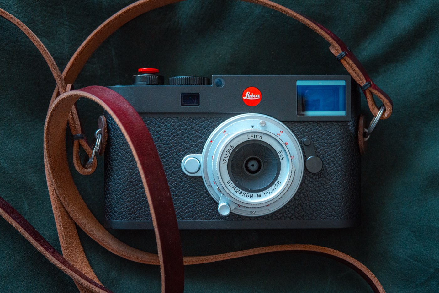 Detail of the strap hardware and stitching.