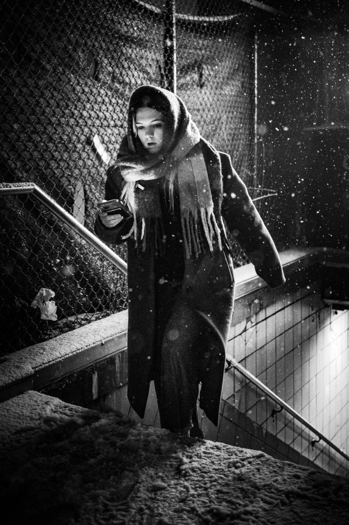 Snow on the Subway Stairs. New York.